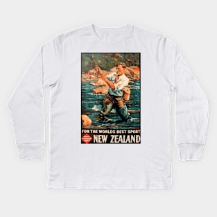 Fly Fishing in New Zealand - Vintage Travel Poster Design Kids Long Sleeve T-Shirt